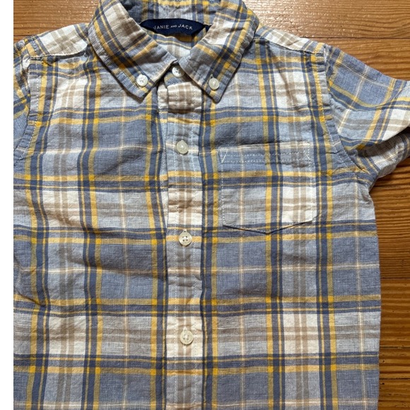 Janie and Jack Plaid Button Down Kids Blue Yellow Excellent Short Sleeve SIZE 3 - Picture 2 of 5